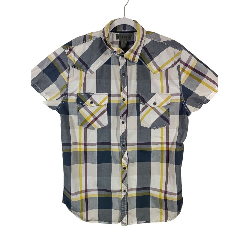Decree Mens Plaid Shirt Multicolor Gray Yellow Button Up Short Sleeve Pockets XL
